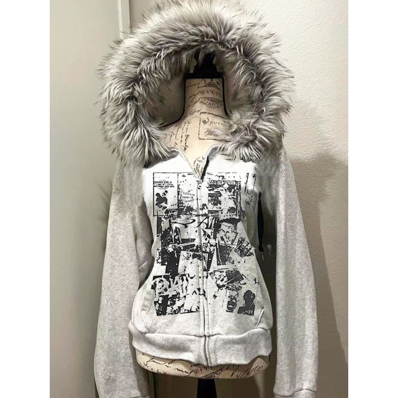 Street Fashion Zip Up Hoodie - Chaqueta gris de lana de piel