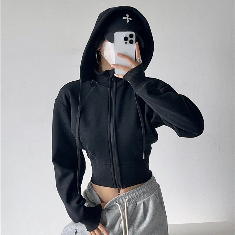 Street Fashion Zip Up Hoodie - Sudadera con capucha corta para mujer,