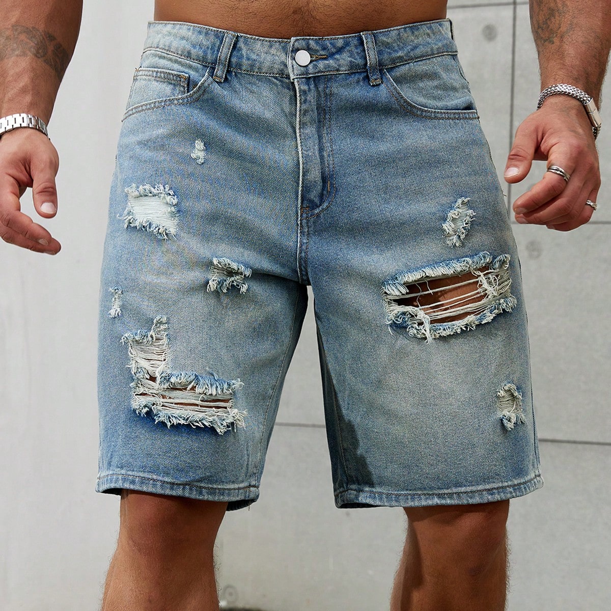 Street Fashion Jeans - Pantalones vaqueros cortos rasgados para hombre,